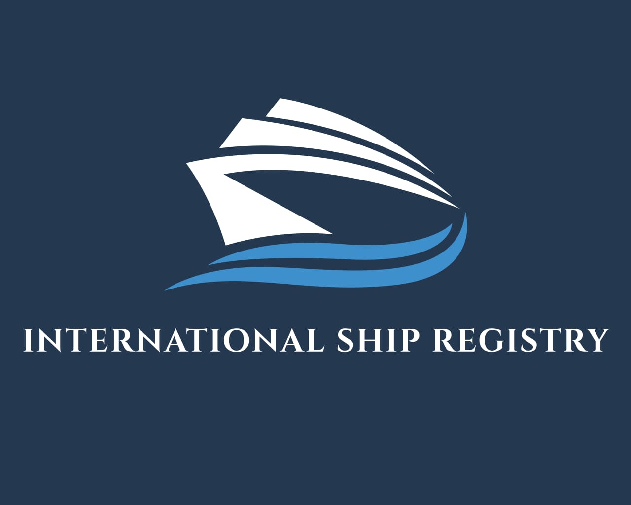 Logo for International Ship Registry featuring a white abstract ship and blue waves on a navy background, with the organization name below.